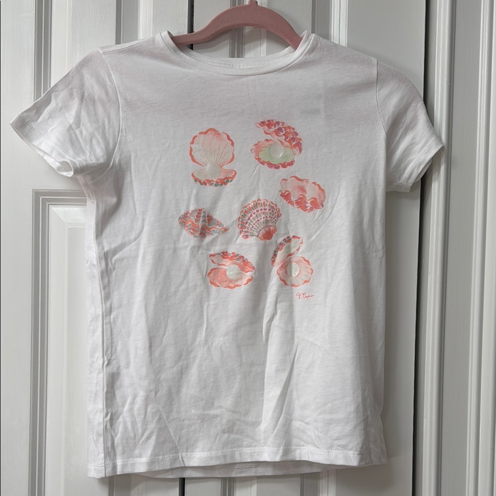 J. Crew White Tee with Pink Seashell Design